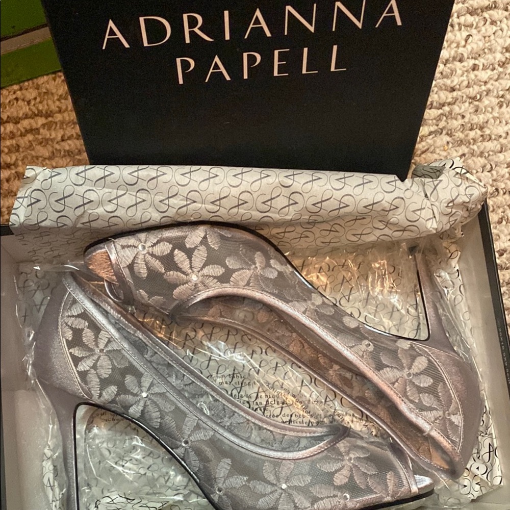 Adrianna Papell Silver Stiletto Heels with Intricate Design